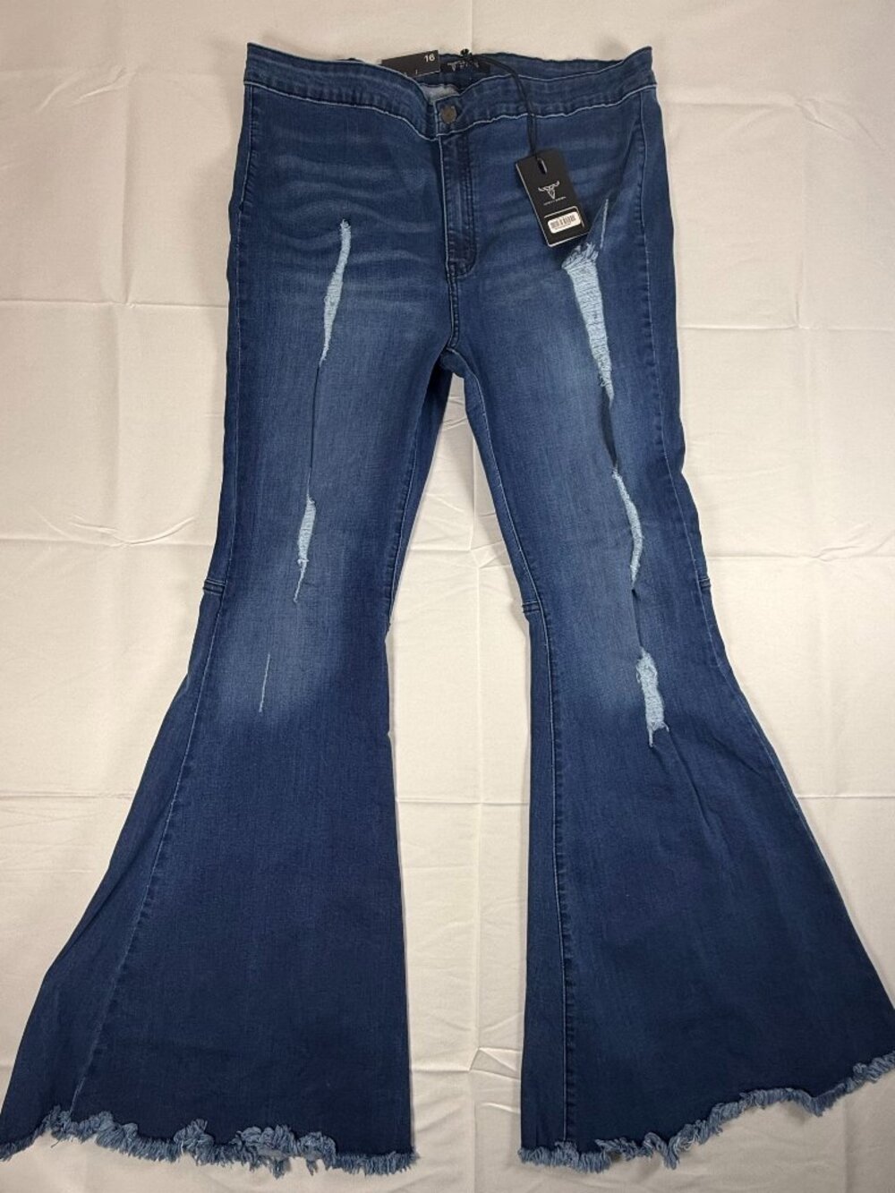 Lucky & Blessed Co Jeans Womens 16 Blue High Rise Flare Bell Bottom Fringe *NEW*